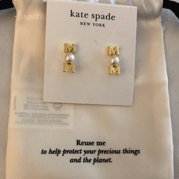 Kate Spade Gold Tone Love You, Mom Linear Stud Earrings Faux Pearl Accent NWT - Picture 6 of 12